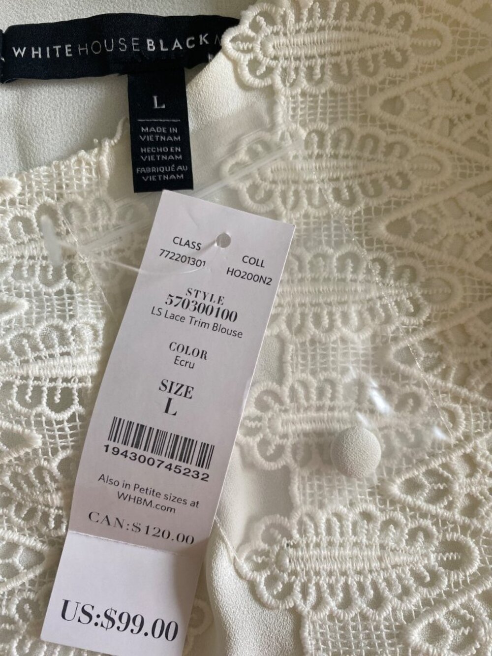 White House Black Market NWT $99 Women's Ecru Lace Trim Blouse Jewel Neck Size L - Picture 10 of 12